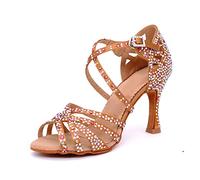 TVAFEDS High Heels Women's Ballroom Shoes, Latin Dance, Large and Small Rhinestones, Bright Bronze Leather, Black Satin(9.5)