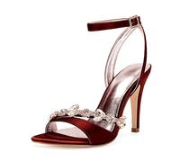 TVAFEDS High Heels Women's High-Heeled Strap Sandals, Satin Shoe Parties, Cocktail, Weddings, Rhinestones, Crystal Chain Tips(Red,5.5 UK)