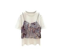 TVAFEDS Ladies Tops Summer White Short-sleeved O-neck Blouse Fake Two-piece Patchwork Sequined T-shirt(L)