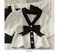 TVAFEDS Ladies Tops Women's Casual Bowknot Patchwork Short-sleeved Tops, Ladies, Basic Daily Shirts For Girls(White)