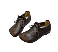 TVAFEDS Loafers Shoes for Women Handmade Cowhide Brown Old Color Stitching Thin Shoulder Strap Women's Shoes Milk White Strange Shape Shallow(Brown,3.5 UK)