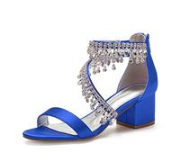 TVAFEDS Sandals for Women Block Heels Satin Crystals Tassels Wedding Sandals for Bride Open Toe Zipper Back Prom Evening Formal Party Dress Summer(Blue,5)