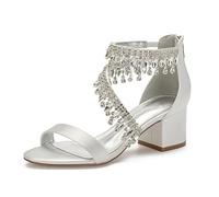 TVAFEDS Sandals for Women Block Heels Satin Crystals Tassels Wedding Sandals for Bride Open Toe Zipper Back Prom Evening Formal Party Dress Summer(White,7)