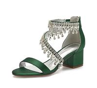 TVAFEDS Sandals for Women Block Heels Satin Crystals Tassels Wedding Sandals for Bride Open Toe Zipper Back Prom Evening Formal Party Dress Summer(Green,11)