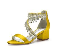 TVAFEDS Sandals for Women Block Heels Satin Crystals Tassels Wedding Sandals for Bride Open Toe Zipper Back Prom Evening Formal Party Dress Summer(Yellow,10)