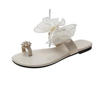 TVAFEDS Sandals for Women Net Gauze Bowknot Outer Wear Sandals and Slippers Female Pearl Slip-on Beach Shoes(Beige,3.5 UK)