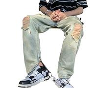 TVAFEDS Trousers for Men Split hole jeans summer Retro High Street straight pants loose thin beggar(L)