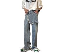 TVAFEDS Trousers for Men Straight Jeans Patchwork Fake Two Piece High Street Oversize Loose Casual Denim Burrs Trousers Harajuku Hip Hop Jean Pants(L)