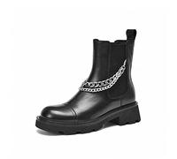 TVAFEDS Womens Boots Boots Thick Sole Women's Leather Elastic Strap Detachable Chain Decoration Ladies Ankle Shoes Handmade(6.5)