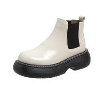 TVAFEDS Womens Boots Patent Leather Chunky Platform Ankle Boots Women Autumn Round Toe Slip on Short Woman Thick Bottom Motorcycle Shoes(White,7.5 UK)