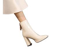 TVAFEDS Womens Boots Rain Boots Female PU Square Thick Heel Winter Patent Leather Zipper Solid Color(White,6.5 UK)
