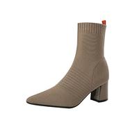 TVAFEDS Womens Boots Socks Boots Thick Heel Thin Womens High Shoes Knit Single Autumn Winter Elastic(Khaki,6.5 UK)