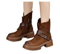 TVAFEDS Womens Boots Women's leather boots, round-headed thick high heels, zippered booties, motorcycles, autumn and winter(Brown,3.5 UK)