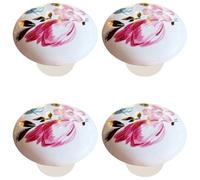 Tverghvad Ceramic Hand Painted Drawer Knobs, [4 Pack] Vintage Flower Round Cabinet Knobs and Pulls, Kitchen Furniture Knobs for Dresser/Cupboard/Wardrobe/Closet (Pink, 4 Pieces)