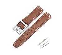 TVKSIPAR 17mm Leather Strap Fit For Swatch Lychee Leather Watch Band Men Women Replacement Bracelet Accessories Band Metal Buckle(Brown white silver)