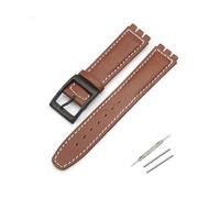 TVKSIPAR 17mm Leather Strap Fit For Swatch Lychee Leather Watch Band Men Women Replacement Bracelet Accessories Band Metal Buckle(Brown white)