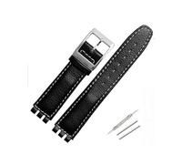 TVKSIPAR 17mm Leather Strap Fit For Swatch Lychee Leather Watch Band Men Women Replacement Bracelet Accessories Band Metal Buckle(Black white silver)