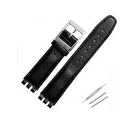 TVKSIPAR 17mm Leather Strap Fit For Swatch Lychee Leather Watch Band Men Women Replacement Bracelet Accessories Band Metal Buckle(Black black silver)