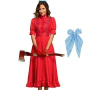 Tvnxdgl Pearl Costume Horror Movie Cosplay Red Dress with Blue Bowknot Women Short Sleeves Halloween Party Gothic Dress, Red, X-Small