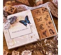 Tvoip 16 Pcs Wooden Rubber Stamp Set, Vintage Butterfly Scrapbooking Stamps Junk Journal DIY Craft Wooden Rubber Stamps Set for Scrapbook Album Diary Seal Stamps