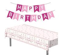 TVSVKWE 1 Piece Happy Birthday Tablecloth, 1 Banner, Cute Stylish, Creative Plastic Dining Table Cover, Girl Birthday Party Decoration.