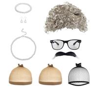 TVSVKWE 1 Wig, 1 Hair Net, 1 Necklace, 1 Earrings, 1 Pair Of Glasses And 1 Beard, Role-Playing Props, Performance Props.