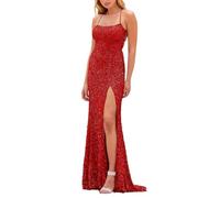 Tvuyet Women's Sparkly Sequin Prom Dress Long with Slit Spaghetti Straps Evening Gown 2025 Backless Formal Dresses, Red, 20