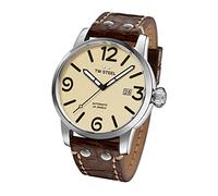 TW Steel Maverick Unisex Quartz Watch with Beige Dial Analogue Display and Brown Leather Strap