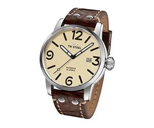 TW Steel Maverick Unisex Quartz Watch with Beige Dial Analogue Display and Brown Leather Strap