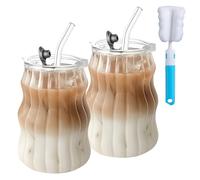 TW1TGOFT 2Pcs 530ML Glass Mugs with Straws - Clear Iced Coffee Cup Matcha Ribbed Wavy Glass Cups Matcha Glasses with Lid & Cup Brush for Ice Coffee Juice Drink Milk Tea Cocktail Birthday Gifts