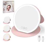 TW1TGOFT Travel Makeup Vanity Mirror - 18.5cm Rechargeable Cosmetic Tabletop Mirror Portable Folding Mirror with Stand Tabletop LED Mirrors, 3 Color Lighting, Dimmable Touch (Pink)