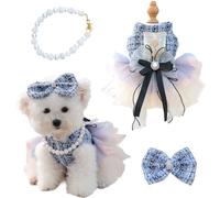 Tweed Dog Princess Dresses 3Pcs Bowtie Clothes Set Costume Tutu Cat Vintage Lace Skirt Clothes Outfits All Season Wear (Blue, Large)