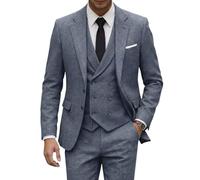 Tweed Herringbone Suit for Men Wool Suits Retro Mens 3 Piece Slim Fit Blazer Jacket Vest Pants Tuxedo Set for Groomsmen Prom, Dusty Blue, XXL