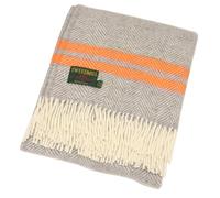 Tweed mill Fishbone Double Stripe Throw Grey & Orange 100% Pure New Wool Blanket British UK-Made Sofas Beds Armchairs Picnics