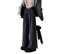 Tweed pants women's fashion waist button full-length wide-leg trousers women's pleated loose straight pants-GRAY-XL