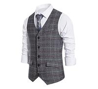 Tweed Waistcoat Men, Mens Formal Suit Vest Sleeveless V Neck Plaid Tweed Waistcoats Business Casual Slim Fit Single Breasted Classic Dress Waistcoat Tuxedo With 5 Button