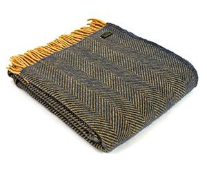 Tweedmill Textiles 100% Pure New Wool Herringbone Throw, Navy/Mustard, 150x180cm