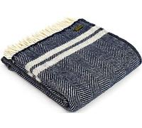 Tweedmill Textiles Fishbone KNEE RUG Throw Blanket -100% Pure New Wool - BRITISH MADE - NAVY WITH TWO SILVER STRIPES