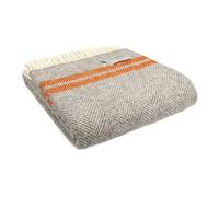 Tweedmill Textiles Fishbone Throw Sofa Bed Blanket -100% Pure New Wool - BRITISH MADE - SILVER GREY & 2 x PUMPKIN ORANGE STRIPES