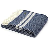Tweedmill Textiles Herringbone 2 stripe pure new wool blanket throw - Navy Blue/Silver Grey British Made