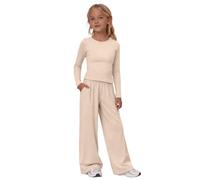 Tween Girl Plain Color Crewneck Clothes 2 Piece Outfits Ruched Long Sleeve Top and Elastic Waisted Loose Wide Leg Pants Summer Lightweiight Breathable Tracksuit Clothing Set (Beige-b, 8-9 Years)