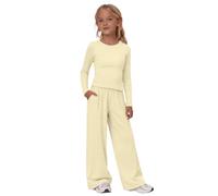 Tween Girl Plain Color Crewneck Clothes 2 Piece Outfits Ruched Long Sleeve Top and Elastic Waisted Loose Wide Leg Pants Summer Lightweiight Breathable Tracksuit Clothing (Light Yellow-b, 7-8 Years)