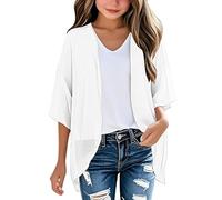Tween Girls' Bohemian Cardigans Kids' Plain Chiffon Cardigan 3/4 Sleeve Lightweight Kimono Cover-Up Soft Layering Piece for School Outfits Teen Beach Sheer Shrug Tops Swimwear (White, 11-12 Years)