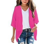 Tween Girls' Bohemian Cardigans Kids' Plain Chiffon Cardigan 3/4 Sleeve Lightweight Kimono Cover-Up Soft Layering Piece for School Outfits Teen Beach Sheer Shrug Tops (Hot Pink, 11-12 Years)