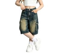 Tween Girls Cargo Denim Shorts Side Pocket High Elastic Waist Casual Bermuda Wide Leg Ripped Jean Shorts Hiking Trendy Jorts Lightweight Baggy Summer Sweat Shorts Outdoor Joggers