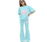 Tween Girls Spring 2 Piece Co Ord, Bow Print Short Sleeve Shirt, Stretchy Flared Bell Bottom Trousers, Light Soft Separates for School & Daily Outdoor Activities(1B-Light Green, 11-12 Years)