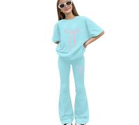 Tween Girls Spring 2 Piece Co Ord, Bow Print Short Sleeve Shirt, Stretchy Flared Bell Bottom Trousers, Light Soft Separates for School & Daily Outdoor Activities(1A-Light Green, 9-10 Years)