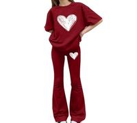 Tween Girls Spring 2 Piece Co Ord, Bow Print Short Sleeve Shirt, Stretchy Flared Bell Bottom Trousers, Light Soft Separates for School & Daily Outdoor Activities(1C-Red, 12-13 Years)
