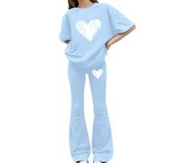 Tween Girls Spring 2 Piece Co Ord, Bow Print Short Sleeve Shirt, Stretchy Flared Bell Bottom Trousers, Light Soft Separates for School & Daily Outdoor Activities(1C-Sky Blue, 11-12 Years)