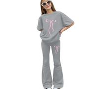 Tween Girls Spring 2 Piece Co Ord, Bow Print Short Sleeve Shirt, Stretchy Flared Bell Bottom Trousers, Light Soft Separates for School & Daily Outdoor Activities(1A-Grey, 7-8 Years)